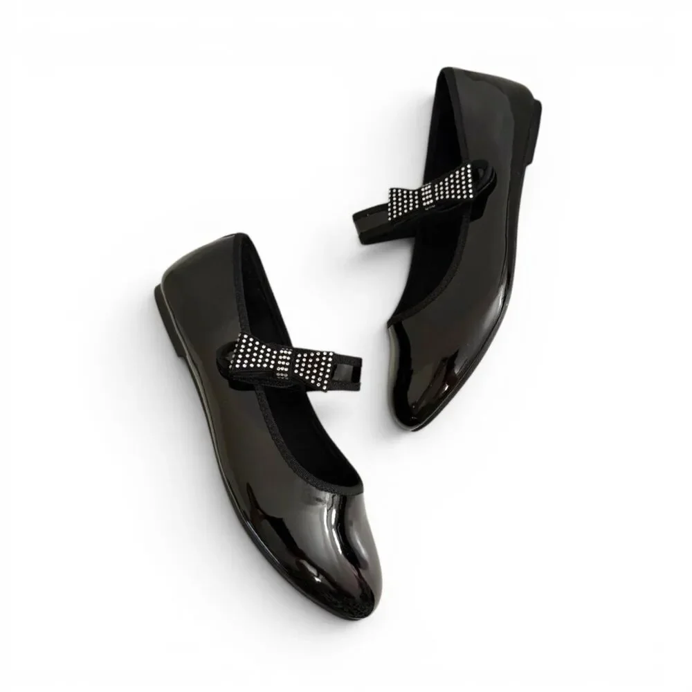 Jessica Simpson Big Girls Amy Black Patent Crystal Bow Ballet Flat, New! Size 5